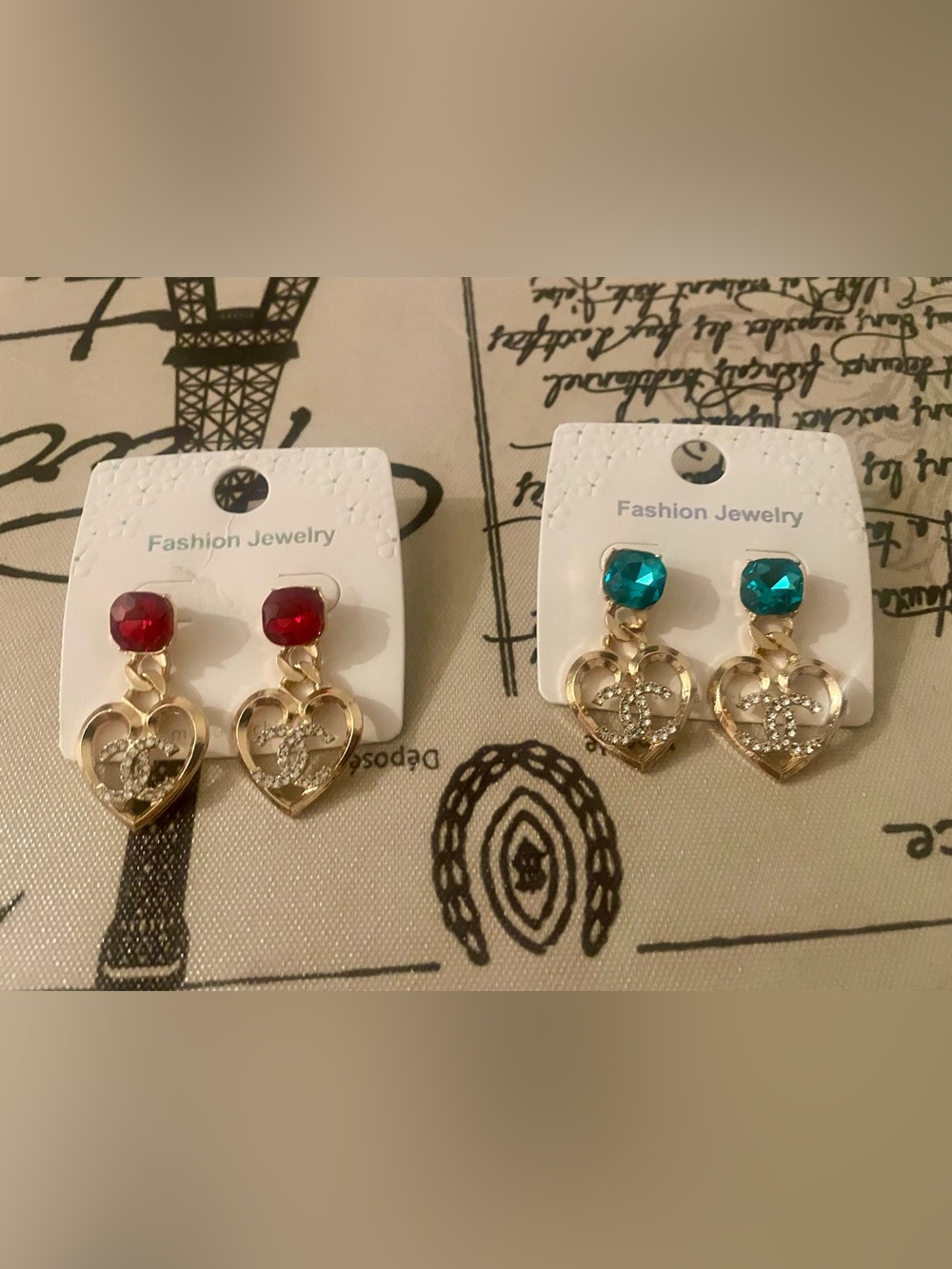 Fashion Jewelry Gold Heart Drop Earrings with Red and Teal Crystals